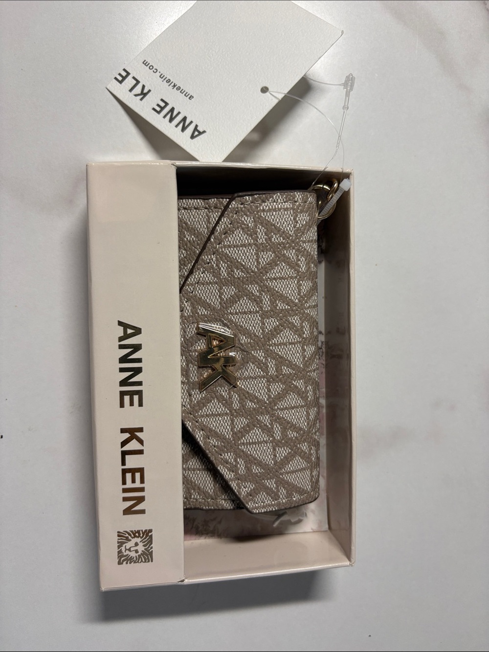 Anne Klein Taupe Logo-Print Card Holder with Gold Hardware